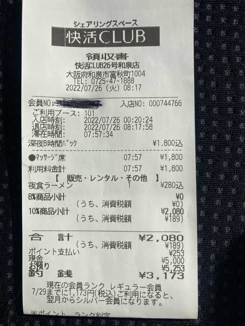 用户对于快活CLUB 26号和泉店的评论高清图